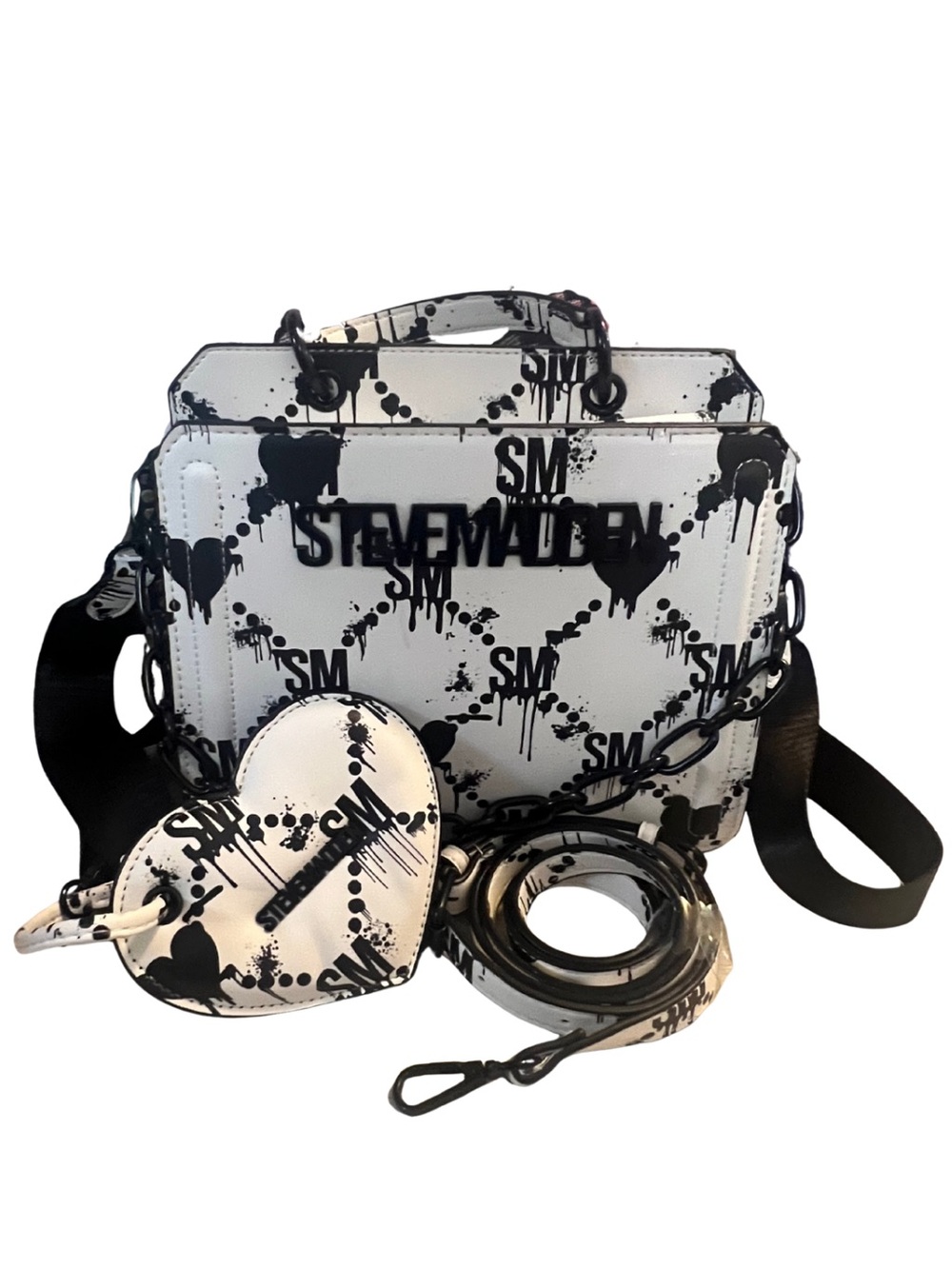 Steve Madden Drip Graffiti Monogram Satchel & Heart Coin Pouch